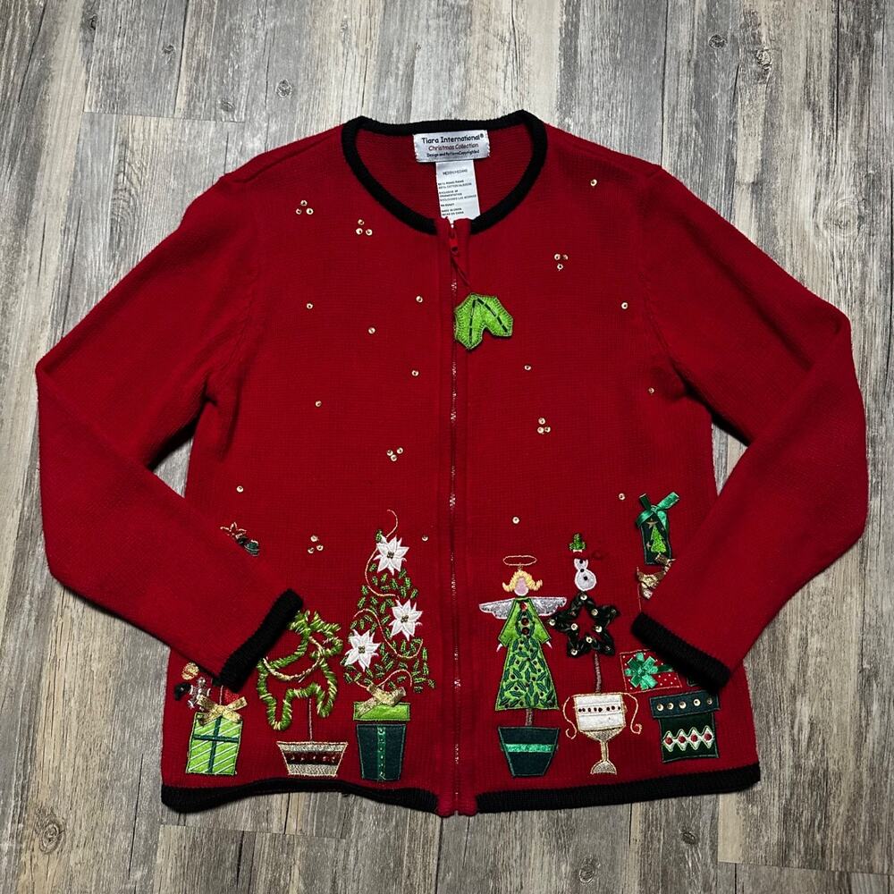 Tiara International Christmas Zip Women's Medium Vtg Cardigan Red Sweater FLAW